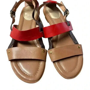 Tahari Aura Womens 10 Slingback Flat Sandals Tan Orange Leather Buckle